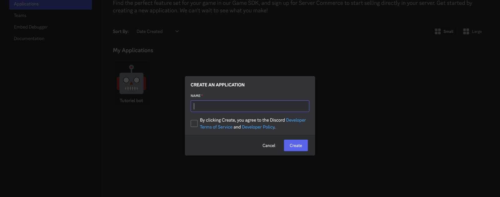 Create an application on the discord developer portal